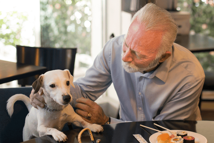 Man with his dog at the table. 