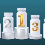 Five white pill bottles labeled 1 to 5, arranged on podiums, spotlight top-ranked Nitric Oxide Supplements at the center with others placed in descending order beside it.