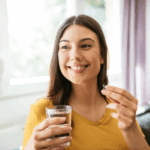 Smiling woman in a yellow shirt holding a glass of water and a green pill, enjoying a positive mood while sitting indoors near a window.