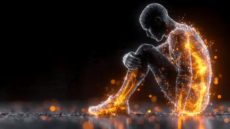 How to Put Out the Fire of Chronic Inflammation A glowing, transparent human figure sits with knees to chest, illuminated by orange and white lights against a dark background.