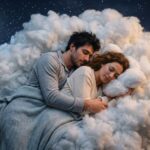 A couple cuddles while sleeping on a fluffy cloud under a starry night sky with a crescent moon, wrapped in a cozy blanket.