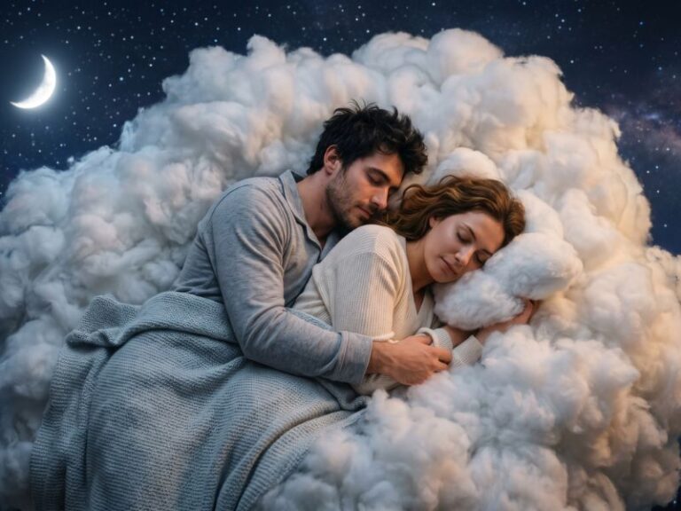 A couple cuddles while sleeping on a fluffy cloud under a starry night sky with a crescent moon, wrapped in a cozy blanket.