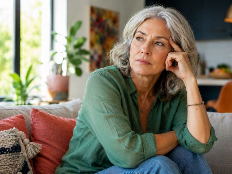 A thoughtful older woman with gray hair sits on a couch, resting her head on her hand, looking out a window. She wears a green shirt and looks pensive.