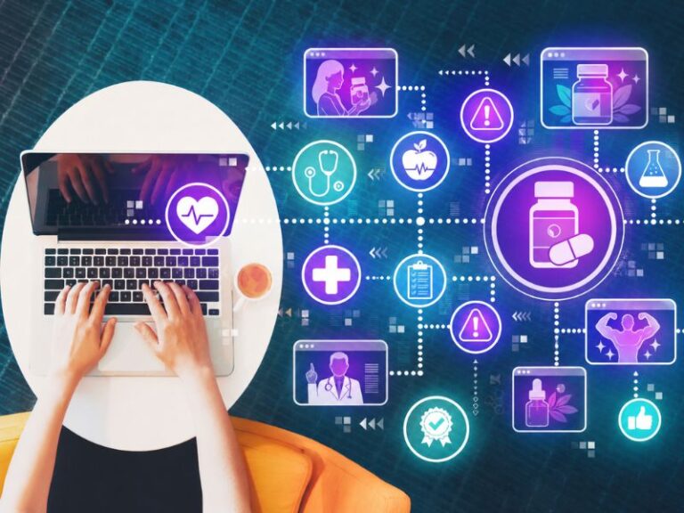 What Science Says About Viral Health Claims Person typing on a laptop at a desk with floating digital healthcare icons, such as pills, heart, stethoscope, and medical charts, symbolizing telemedicine and digital health.