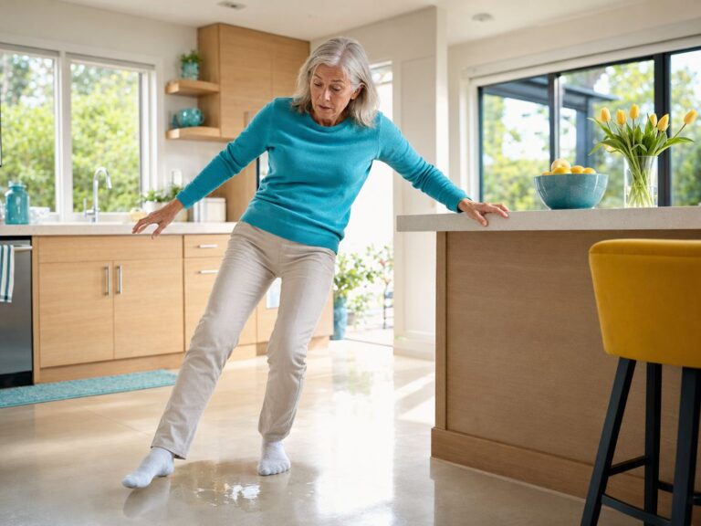 How to Reduce Your Risk of Falling as You Age An older woman in socks slips on a wet kitchen floor, looking alarmed. She reaches toward the counter to catch herself.