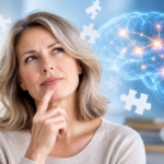 A thoughtful woman looks up with her finger on her chin; a digital brain and puzzle pieces float beside her, symbolizing thinking or memory.