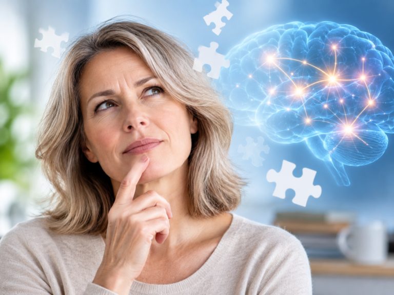Why Am I Forgetting Words I Know I Know? A thoughtful woman looks up with her finger on her chin; a digital brain and puzzle pieces float beside her, symbolizing thinking or memory.