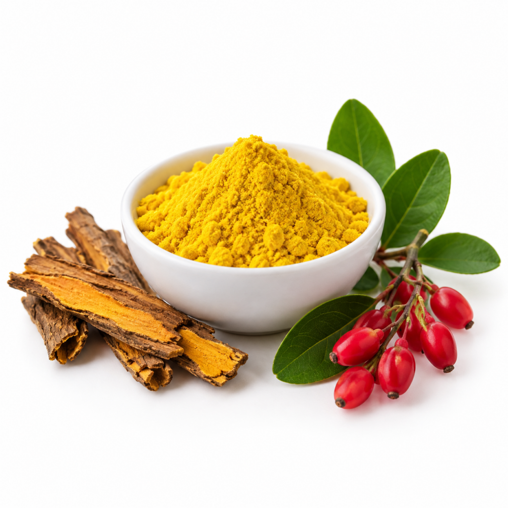 A bowl of yellow powder, tree bark, and red berries with green leaves are arranged on a white surface—traditional ingredients known to help manage blood sugar spikes.