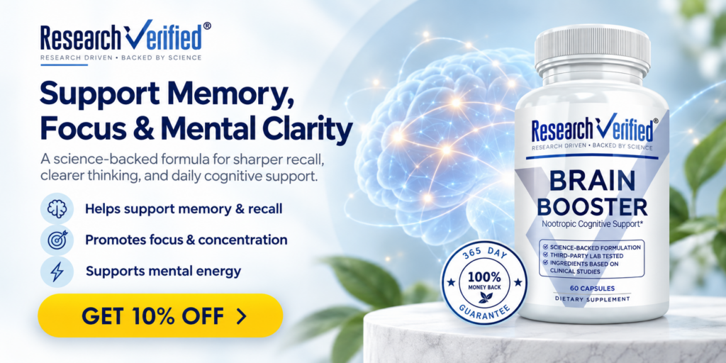 A bottle of Brain Booster supplements is shown with benefits listed, a Get 10% Off button, a brain graphic, and text promoting memory, focus, and mental clarity.