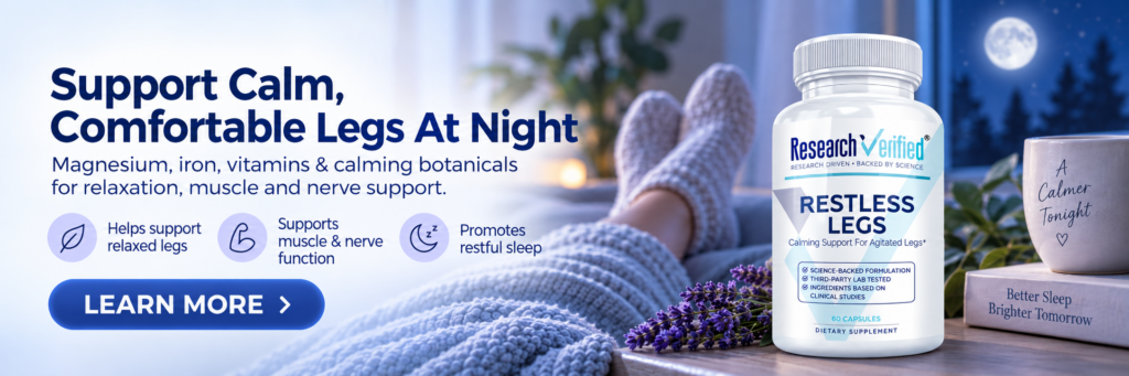 A person in cozy socks relaxes on a couch at night near a bottle of Research Verified Restless Legs supplement, with calming decor and soft lighting.