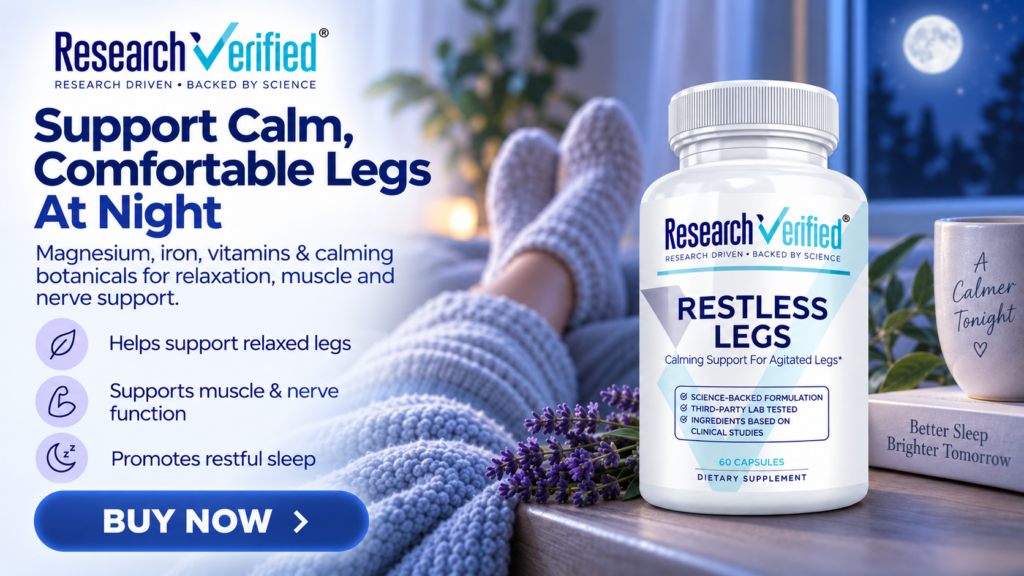 A woman with cozy socks relaxes by a window. A bottle of Research Verified Restless Legs supplement sits nearby. Text promotes support for calm, comfortable legs at night.