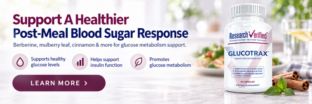 A Glucotrax supplement bottle on a table with text promoting blood sugar support, healthy glucose levels, insulin function, and glucose metabolism.