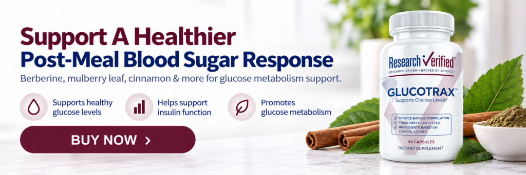A bottle of Glucotrax supplement sits on a table with cinnamon sticks and mulberries. Text promotes healthy glucose, insulin, and metabolism support after meals. Buy Now button is visible.