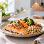 A plate with grilled salmon, quinoa, broccoli, and carrots sits on a table next to a glass of water with lemon. A faint orange data line graph is superimposed above the food.