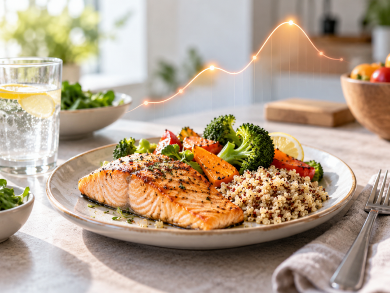 Why Does My Blood Sugar Spike After I Eat? A plate with grilled salmon, quinoa, broccoli, and carrots sits on a table next to a glass of water with lemon. A faint orange data line graph is superimposed above the food.