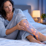 Woman sitting on bed holding her leg, with digital lines and glowing points on her calf, suggesting nerve pain or discomfort.