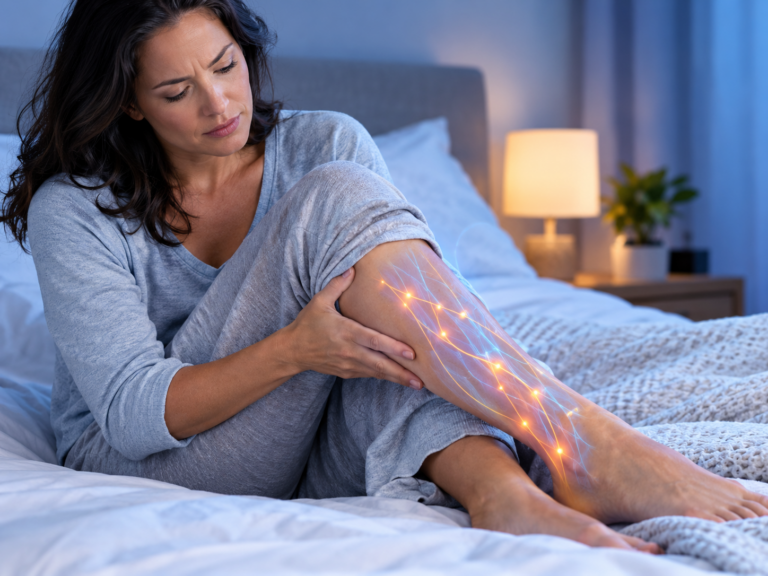 Why Do My Legs Feel Restless the Moment I Finally Sit Down? Woman sitting on bed holding her leg, with digital lines and glowing points on her calf, suggesting nerve pain or discomfort.