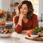 A woman sits at a kitchen counter looking down at a bowl of Halloween candy.