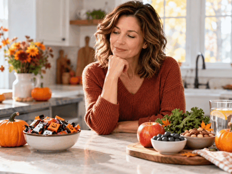Trick or Treat? 5 Health Myths That Sound Scarier Than They Really Are A woman sits at a kitchen counter looking down at a bowl of Halloween candy.