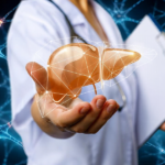 A medical professional holding a glowing, digital 3D model of a liver against a background of neural network connections.