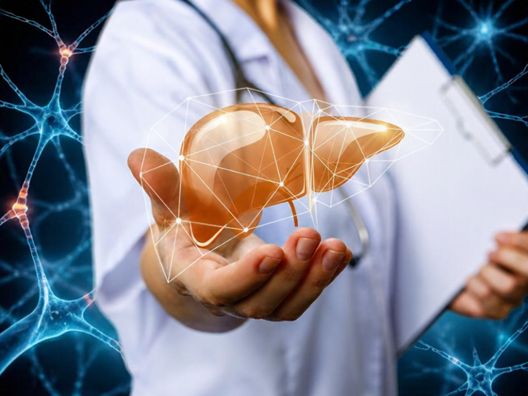 A medical professional holding a glowing, digital 3D model of a liver against a background of neural network connections.