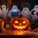 Five ghosts hover over a desk with a glowing jack-o-lantern, performing activities including listening to music, using a tablet, lifting a dumbbell, and holding plates of food.