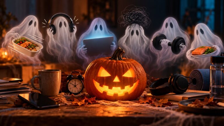6 Everyday Habits That Might Be Haunting Your Health Five ghosts hover over a desk with a glowing jack-o-lantern, performing activities including listening to music, using a tablet, lifting a dumbbell, and holding plates of food.