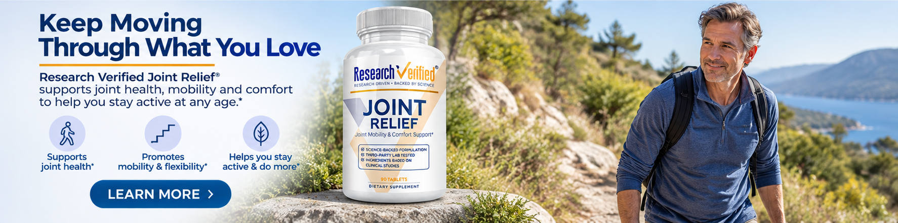 A bottle of Research Verified Joint Relief supplements positioned in front of a man hiking on a mountain trail.