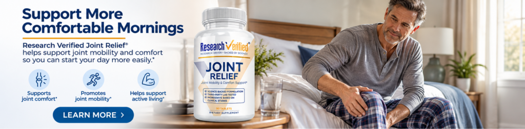 A bottle of Research Verified Joint Relief tablets sits on a nightstand next to a man sitting on the edge of his bed, holding his knee.