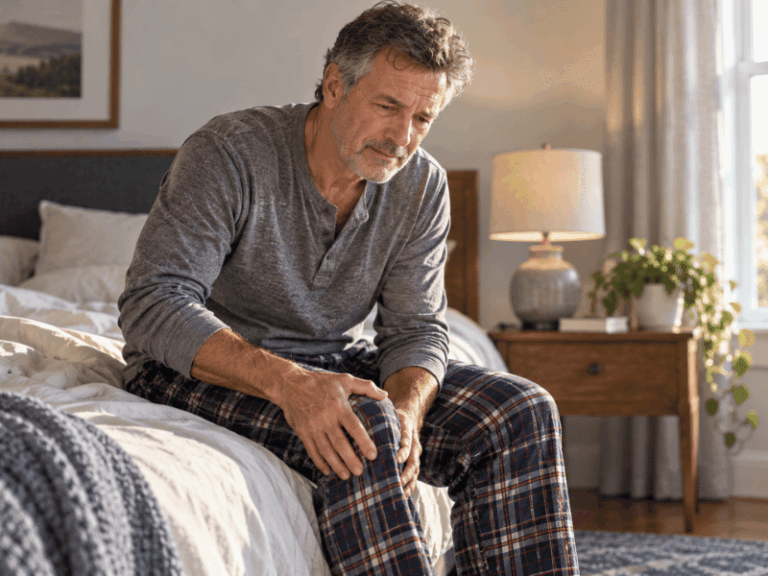A middle-aged man sitting on the edge of a bed, holding his knee and appearing to be in pain.