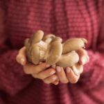 woman holding mushrooms
